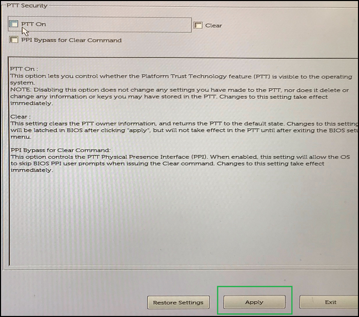 Dell Wyse 5070 BIOS PTT Zastosuj zabezpieczenia