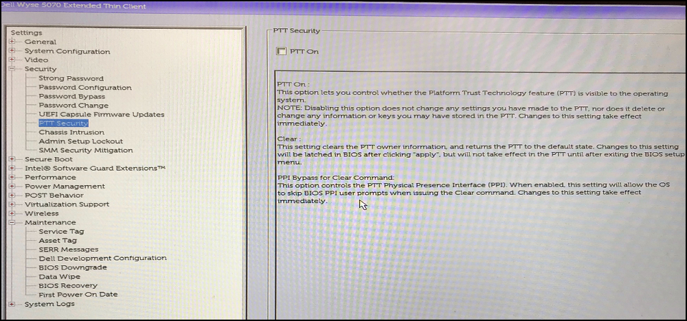 System BIOS Dell Wyse 5070 — zabezpieczenia PTT