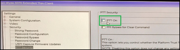 Vypnutí zabezpečení PTT systému Dell Wyse 5070 BIOS