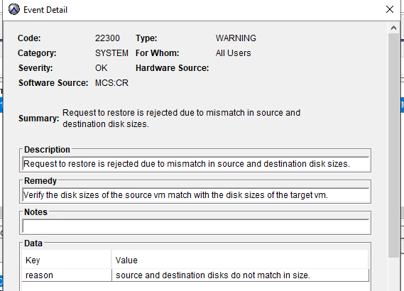 screenshot from avamar showing size mistmatch error