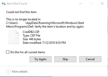 Item Not Found message