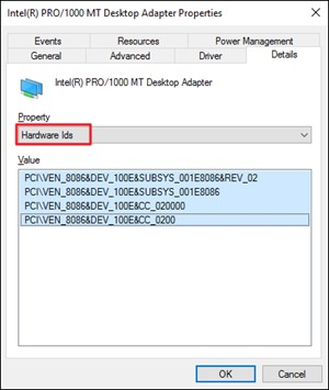 Select Hardware IDs from Property drop-down