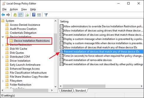 Click on Prevent installation of devices that match any of these device IDs