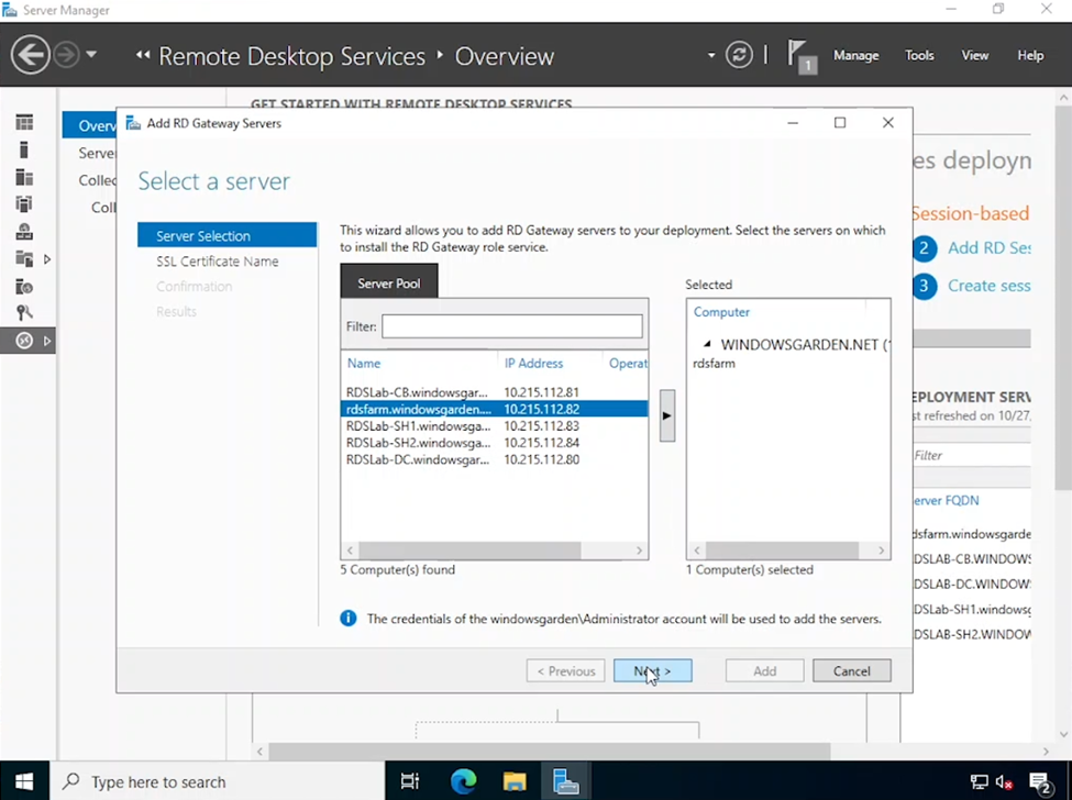 Kreator wyboru serwera bramy usług pulpitu zdalnego