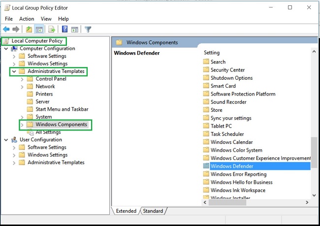 Windows Defender in Local Group Policy Editor