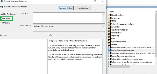 gpedit.msc Enable Turn off Windows Defender policy