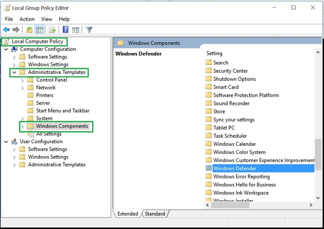 로컬 그룹 정책 편집기의 Windows Defender