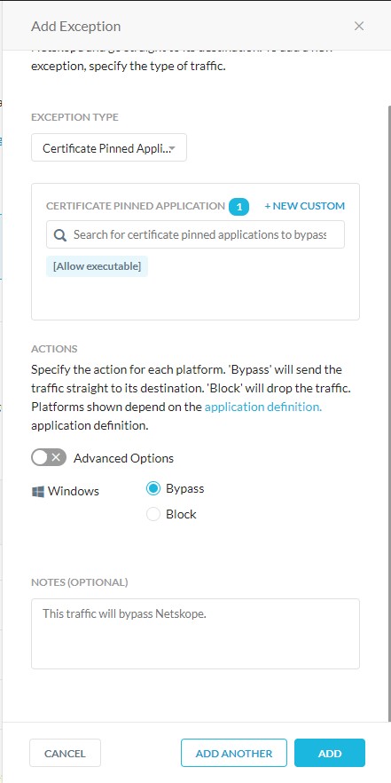 Ensure Bypass or Block is selected