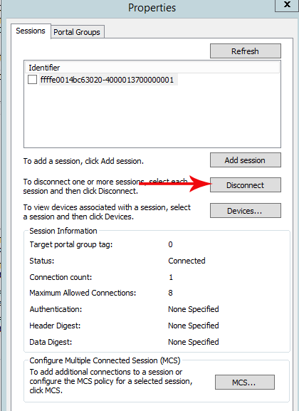 Свойства устройства ISCSI, отображающие кнопку Disconnect