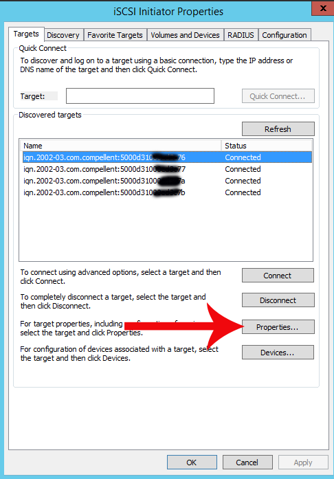 iSCSI-initiatoregenskaper som viser tilkoblede LUN-er