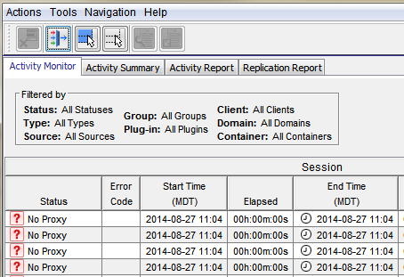 De Activity Monitor in de Avamar GUI geeft 'No Proxy' (Geen proxy) weer