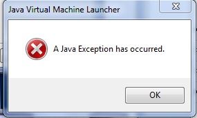 Une fenêtre contextuelle signale qu’une exception Java s’est produite :