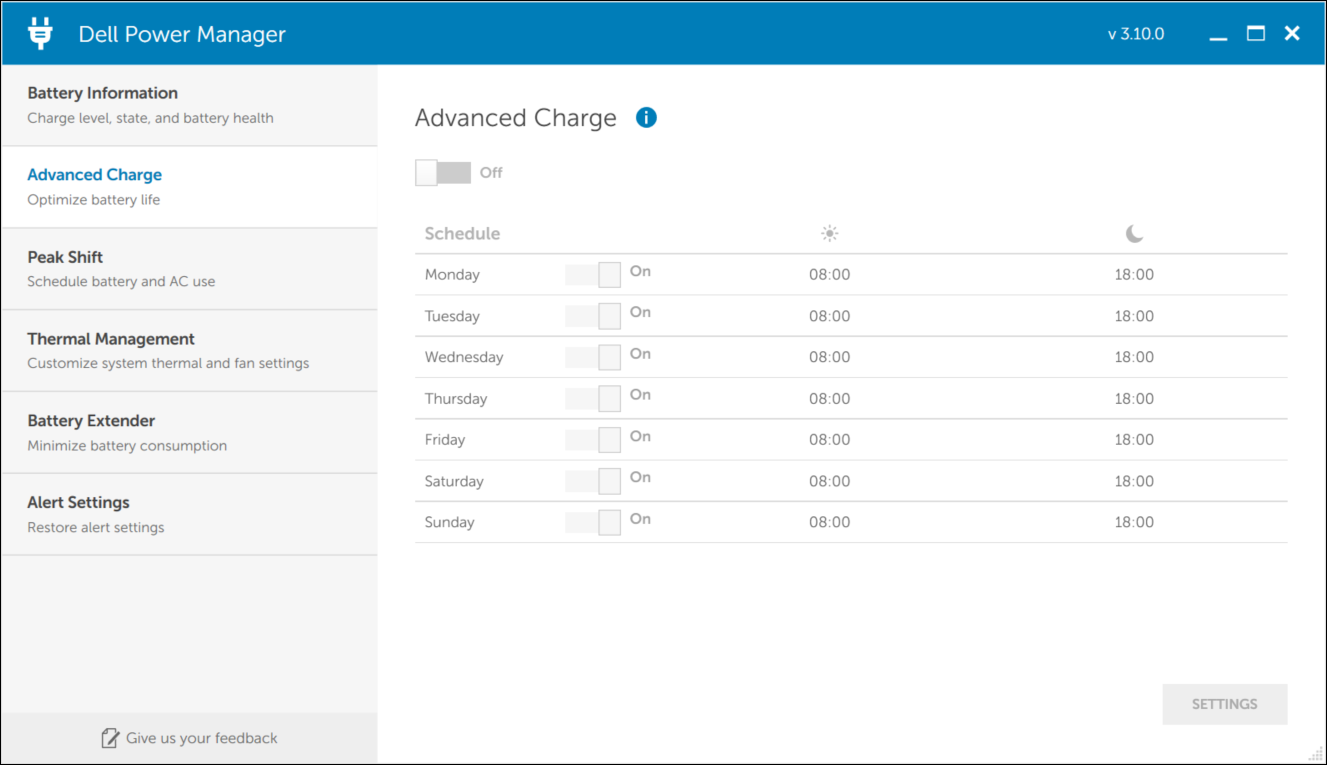 Nastavení funkce Advanced Charge v aplikaci Dell Power Manager