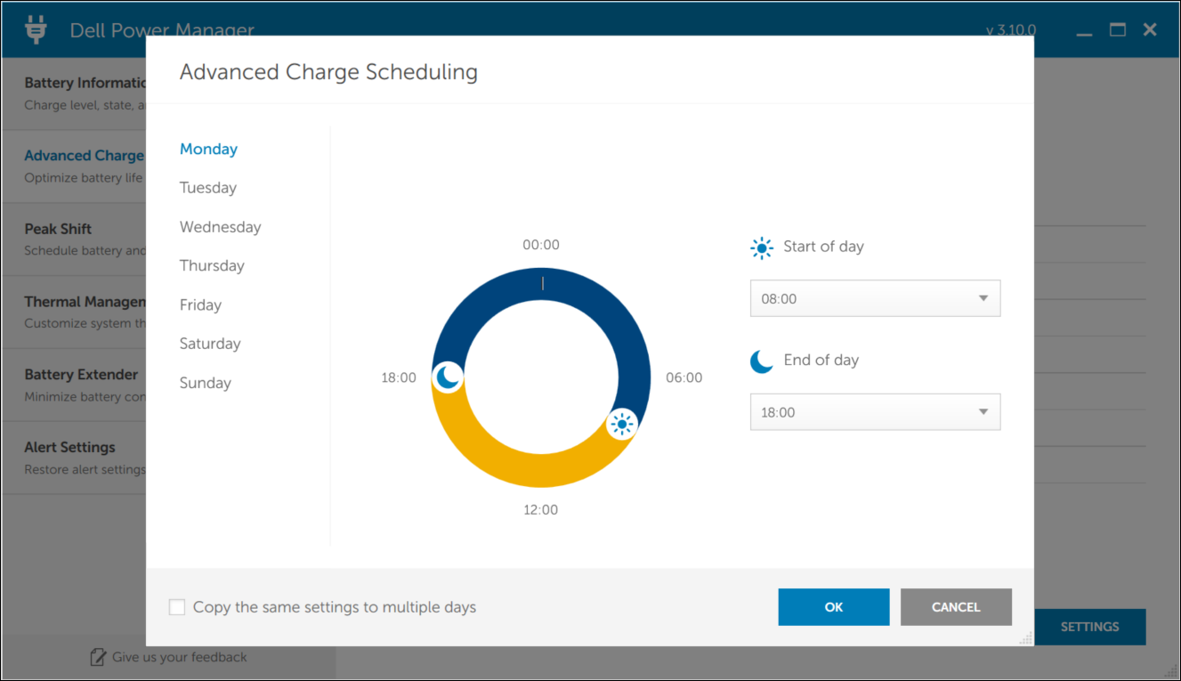 Nastavení plánování funkce Advanced Charge v aplikaci Dell Power Manager