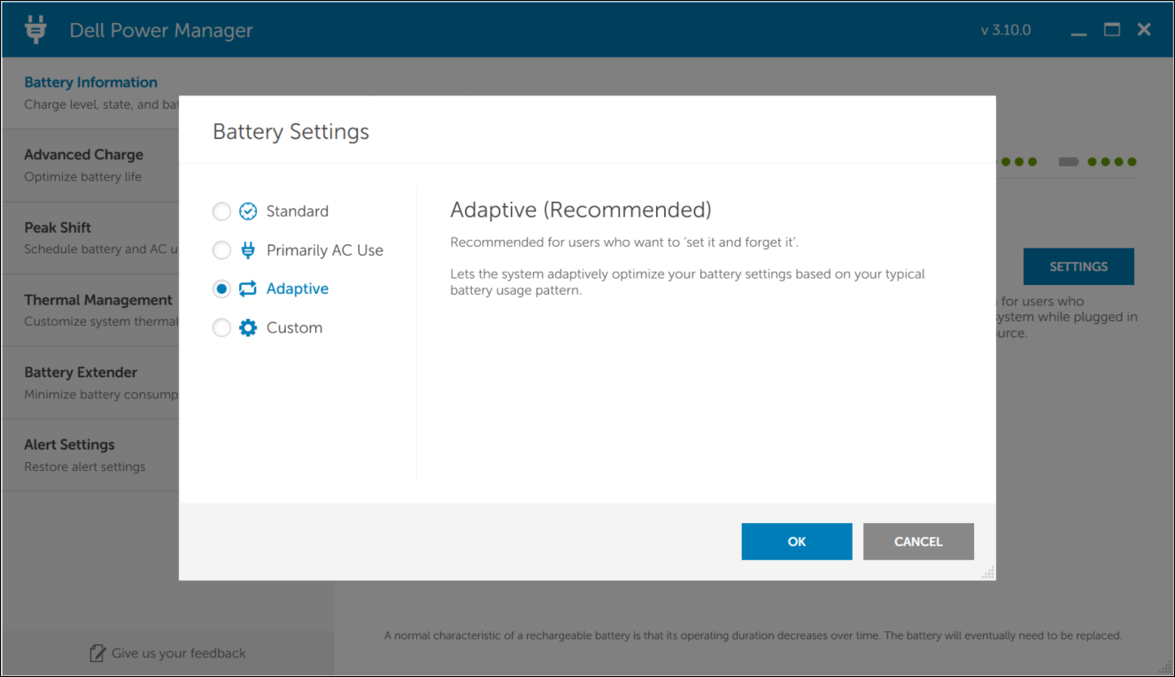 Batteriindstillinger i Dell Power Manager