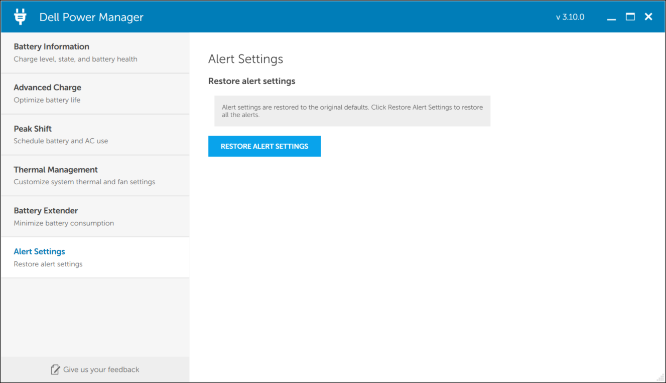 Indstillinger for advarselsmeddelelser i Dell Power Manager
