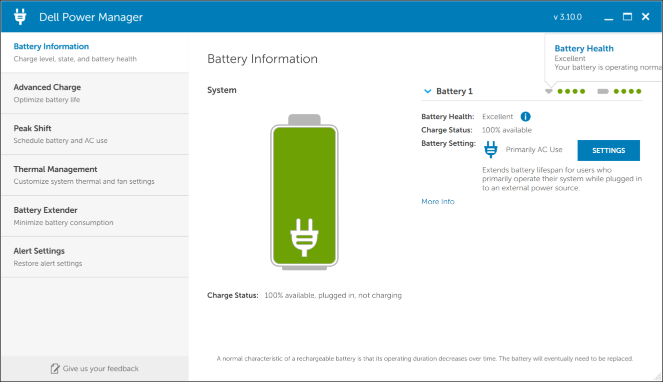 Infografik om indikatoren for batteritilstand i Dell Power Manager