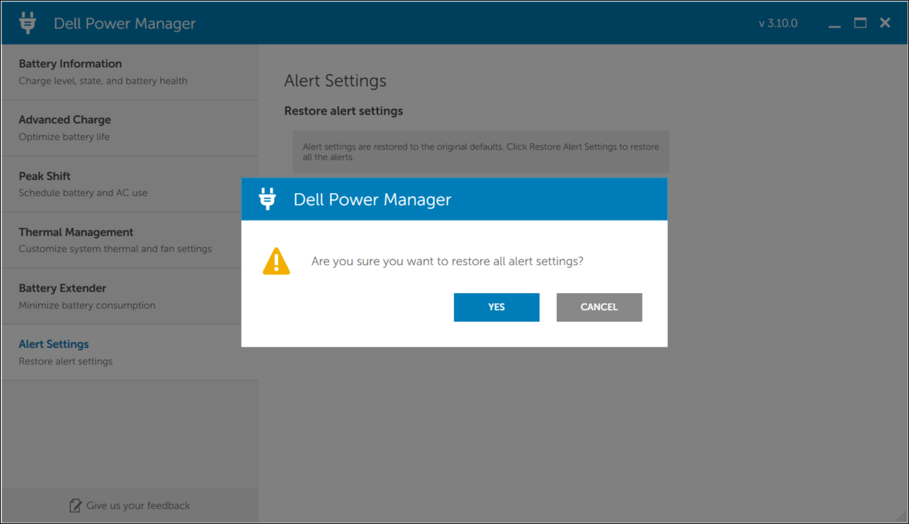 Vahvistusnäyttö hälytysasetusten palauttamiseksi Dell Power Managerissa