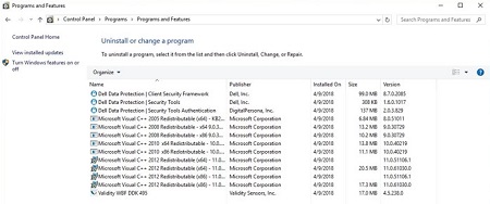 Dell Data Protection Client Security Framework in Programs and Features