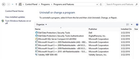 Dell Data Protection Security Tools Authentication in Programs and Features