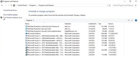 Dell Data Protection Client Security Framework in Programs and Features