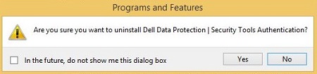 Prompt asking to confirm the uninstall of Dell Data Protection Security Tools Authentication