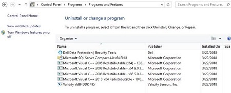 Dell Data Protection Security Tools in Programs and Features