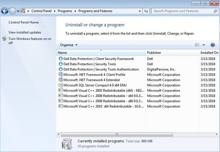 Dell Data Protection Client Security Framework in Programs and Features