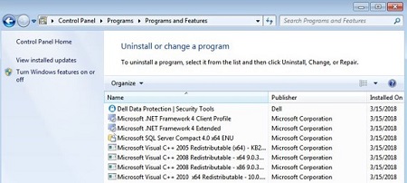 Nástroje Dell Data Protection Security Tools v nabídce Programy a funkce