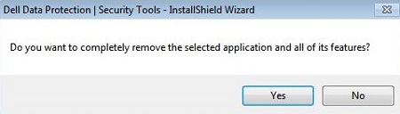 Fråga om du vill bekräfta avinstallationen av Dell Data Protection Security Tools