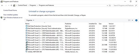 プログラムと機能におけるDell Data Protection Security Tools認証