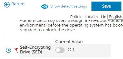 SED(Self-Encrypting Drive) 정책이 꺼짐 및 저장 버튼으로 설정됨