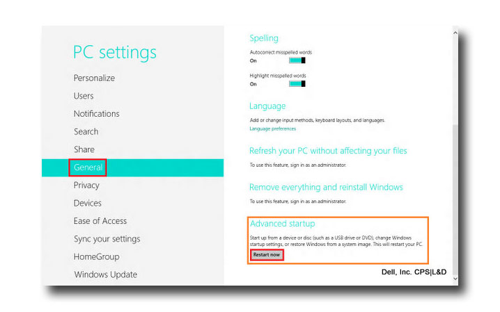 Ponowne uruchomienie systemu Windows 8 — Ogólne > Zaawansowane