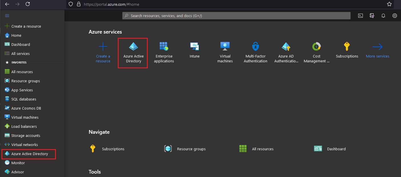 Azure Active Directory configuration page