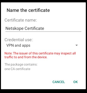 Prompt to name the certificate