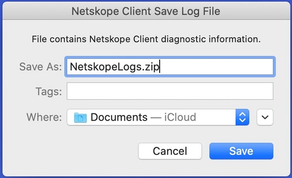 Het venster Netskope Client Save Log File (Logboekbestand opslaan)