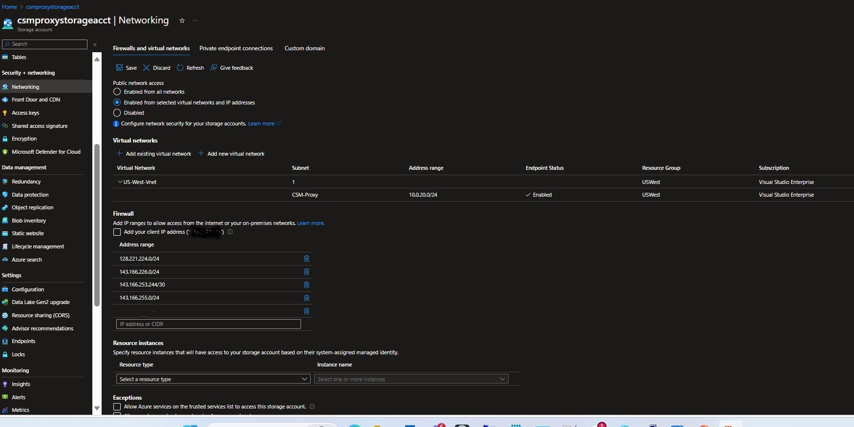 CSM Proxy Storage Account Network Configuration