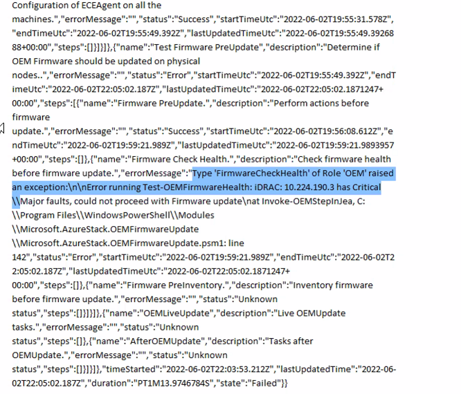 MHC Azure Stack Errors when upgrading OEM Type FirmwareCheckHealth of