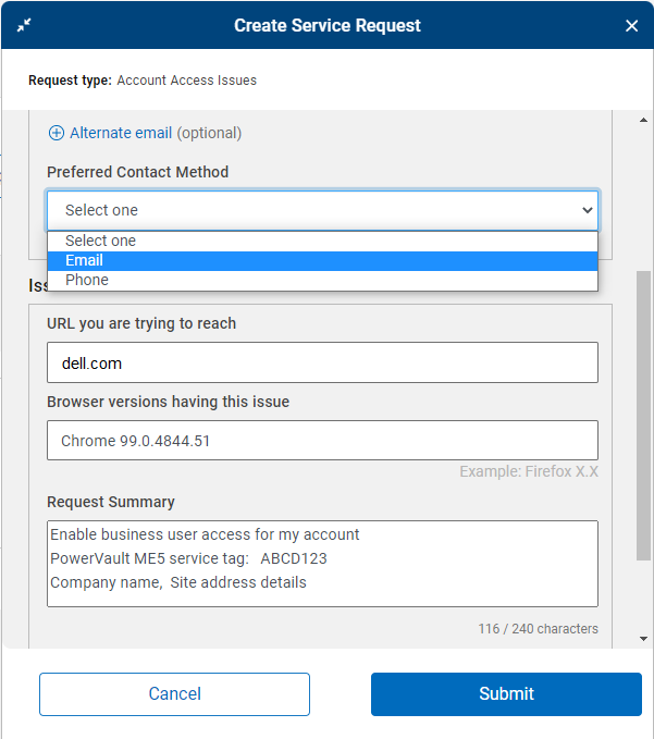 Service Request creation form