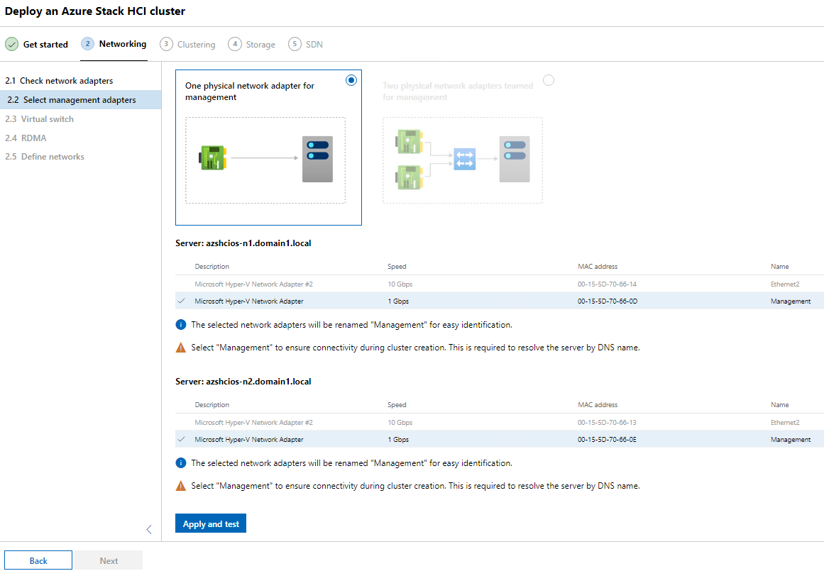 Schermafbeelding van het gedeelte 'Select Management Adapters' van de wizard.