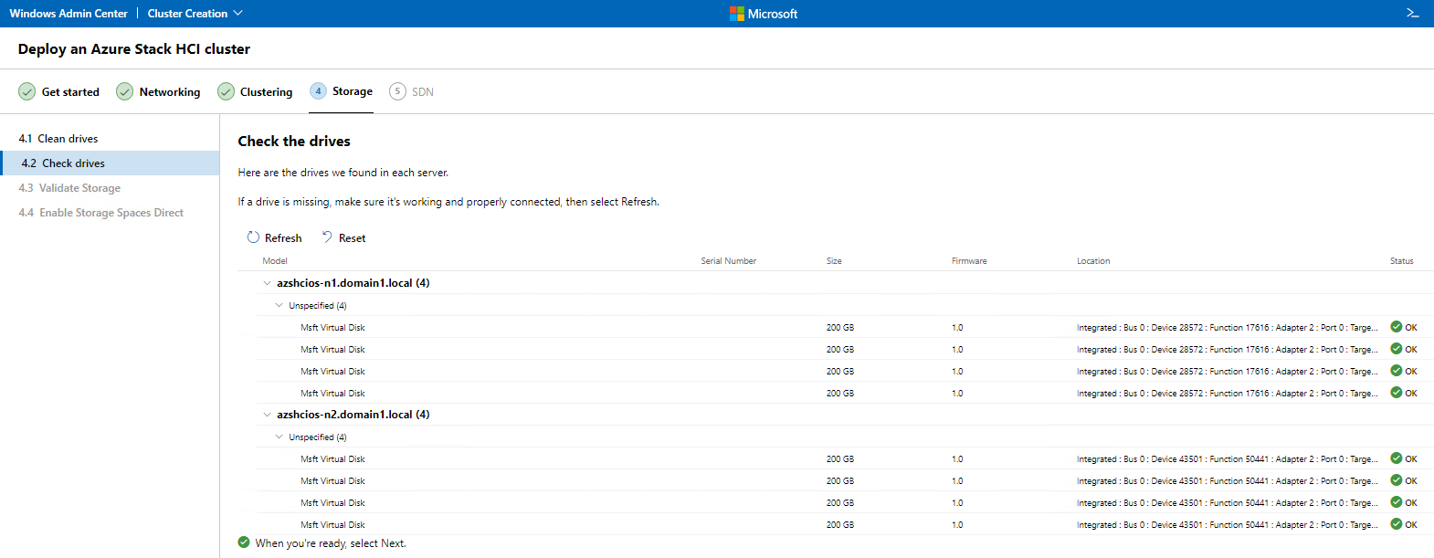 Toujours de la section « Check drives » de l’assistant de création de cluster.