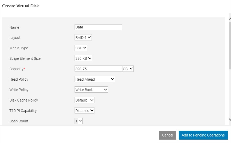 Propriétés de Create Virtual Disk pour les versions antérieures à 5.10.00.00