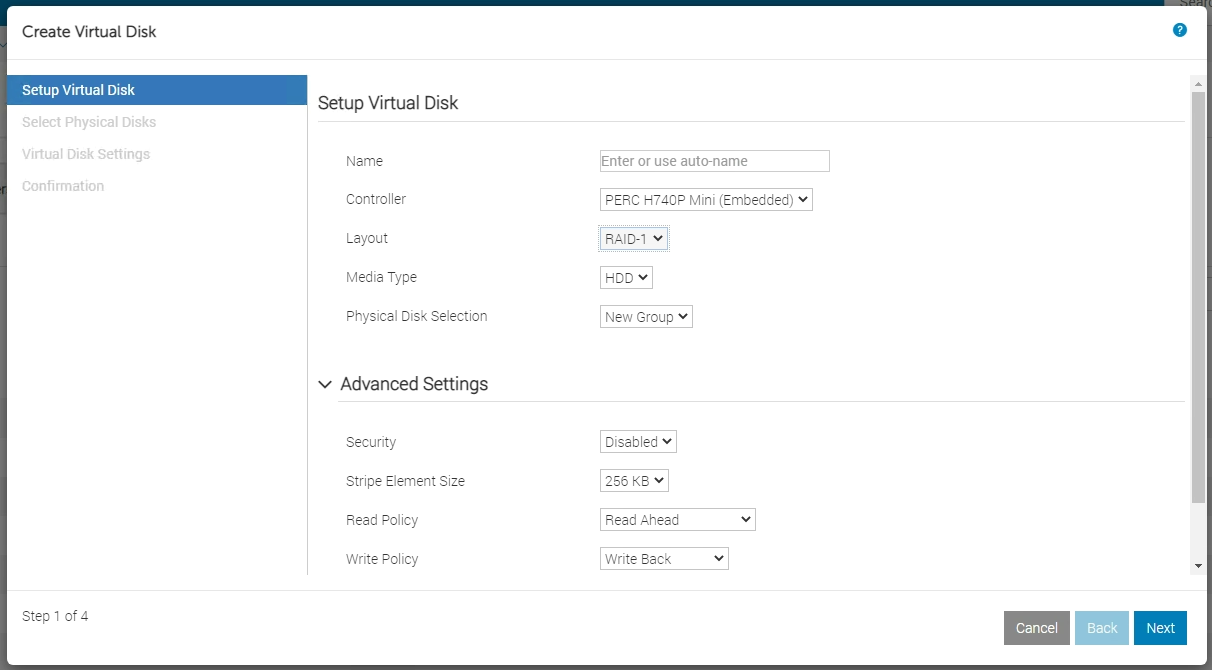 Propriétés de Create Virtual Disk pour les versions 5.10.00.00 et supérieures