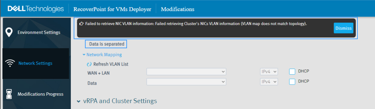 WDM error when changing network for RecoverPoint