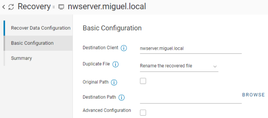 Asistente de recuperación: paso de configuración básica