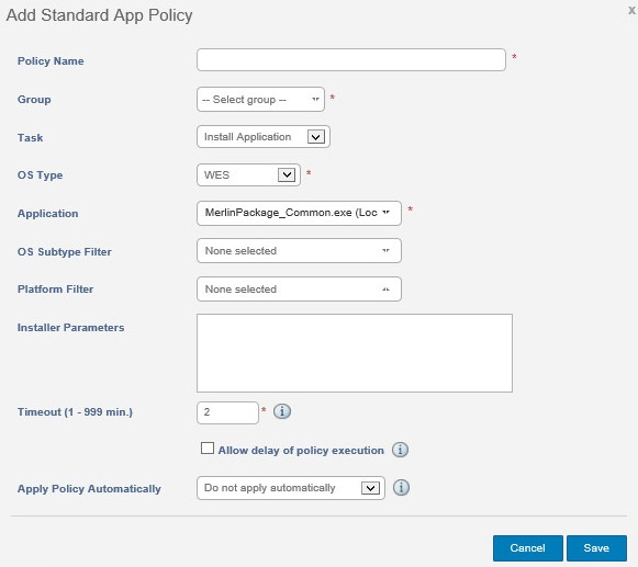 Menu WES Add Standard App Policy (WES Ajouter une stratégie d’application standard)