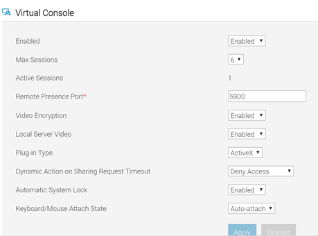 Virtual Console  Enabled  Max Sessions  Active Sessions  presence port  Wdeo Encryption  Local Server Video  g-in Type  Dynamic Cm Sharing Request T.me•Out  Automatic System  Keyboard/Mcwse Attach State  Enabled  Enabled  Enabled  gctiveX •  LOeny Access  Enabled