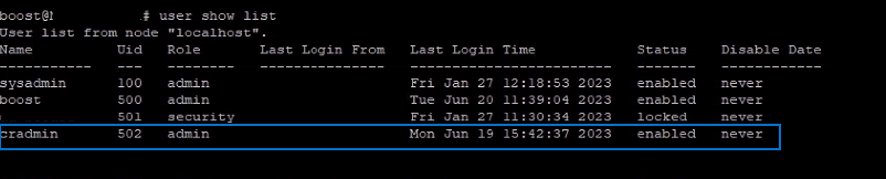 Screenshot of "show user list" command in Data Domain