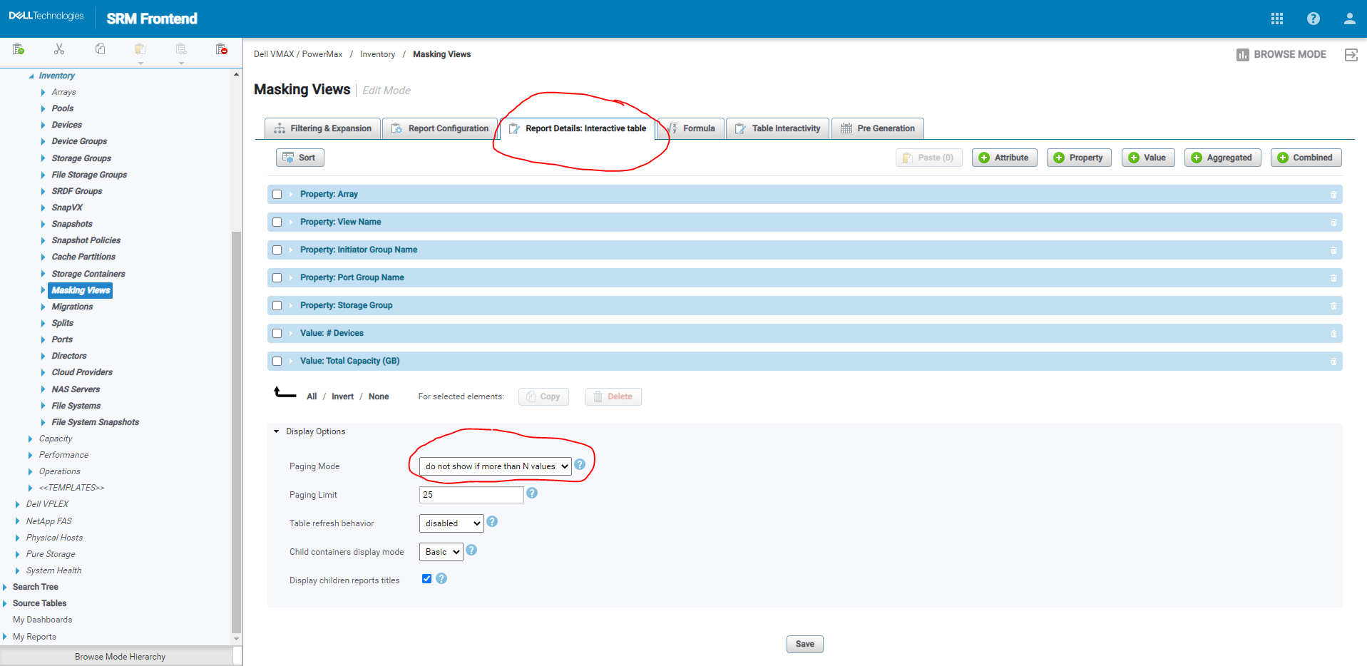 Interfaccia utente front-end di SRM che mostra le viste masking con i dettagli del report selezionati
