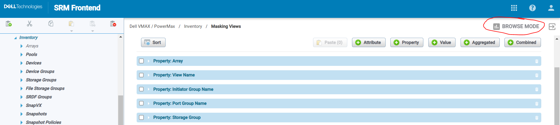 SRM Frontend-UI mit Masking-Ansichten mit eingekreisten Browserschaltflächen oben rechts